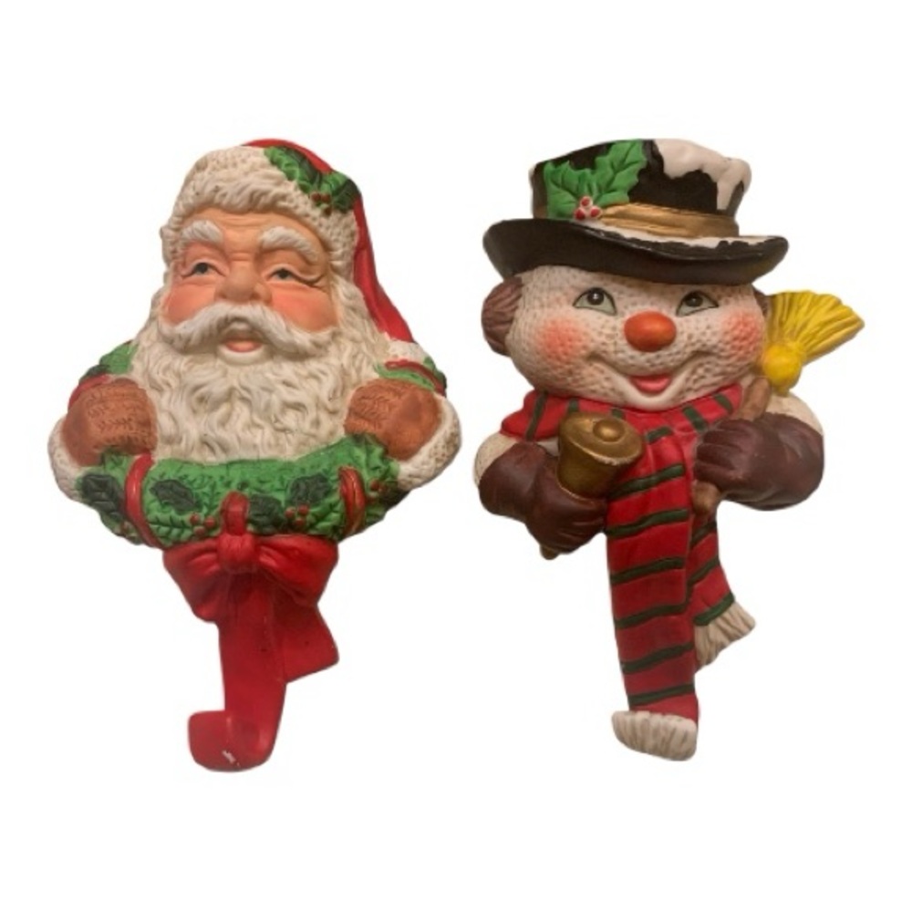 VTG Festive Santa and‎ Snowman Ceramic Hand Painted Holiday Stocking Holders